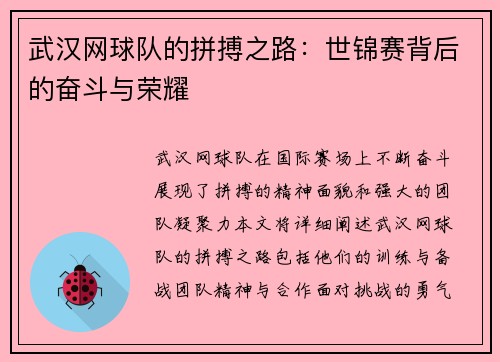 武汉网球队的拼搏之路：世锦赛背后的奋斗与荣耀